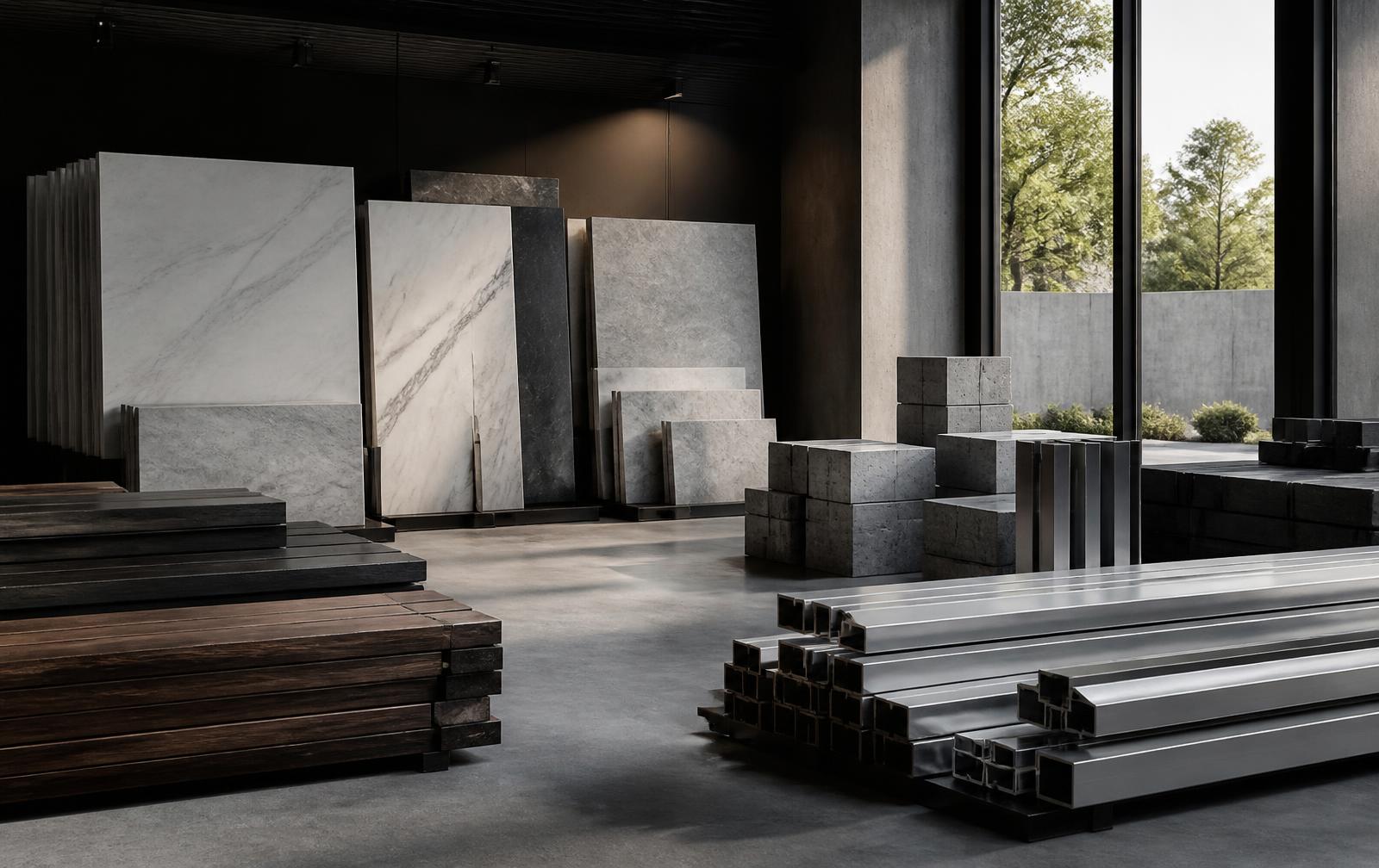 Materiais nobres para construção civil — pedra, madeira, aço e concreto organizados em ambiente arquitetônico contemporâneo